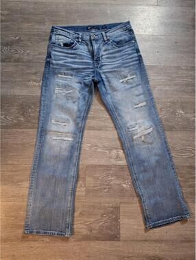 BKE Jeans Mens 34x34 Blue Jake Straight Stretch Distressed Patch Denim